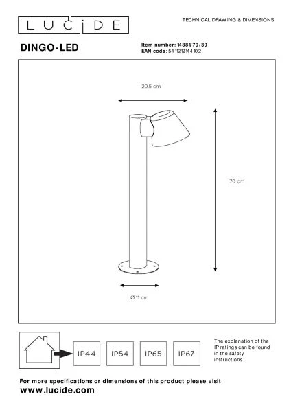 Lucide DINGO-LED - Bollard light - LED Dim. - GU10 - 1x5W 3000K - IP44 - Anthracite - technical